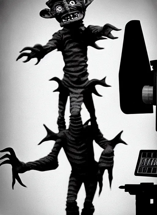 Image similar to creepy realistic scary gangly goblin monster invades the set of a 9 0's childrens tv gameshow, grainy black and white surveillance