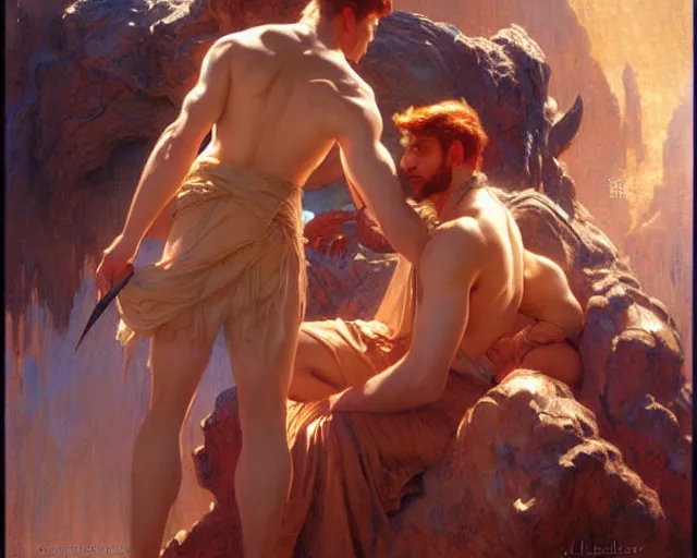 Image similar to attractive lucifer morning casting illusion over attractive mortal man. highly detailed painting by gaston bussiere, craig mullins, j. c. leyendecker 8 k