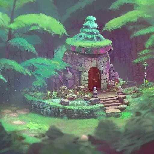 Prompt: hidden temple in the forest, crystals, tilt - shift focus, entrance to ethereal realm, glow, magic circle, magic doorway, mist, bioluminescence, concept art, james gilleard, studio ghibli