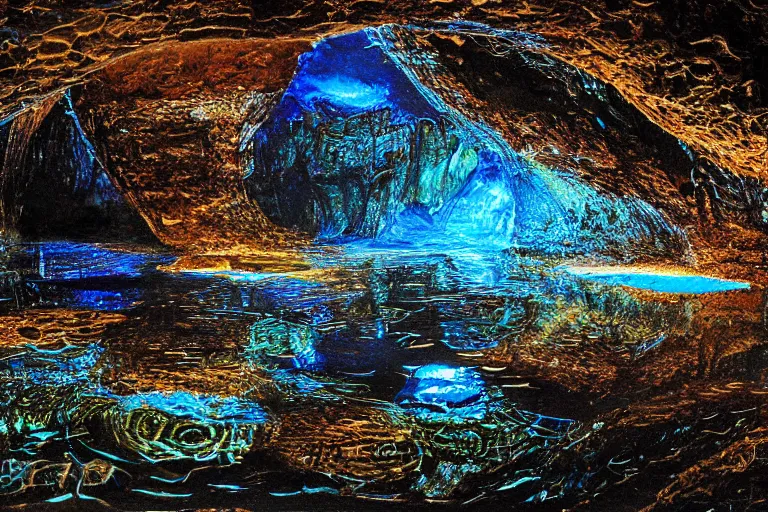 Image similar to black opal cave, photo, photograph, realistic, light reflecting, caustics, reflective water puddles,