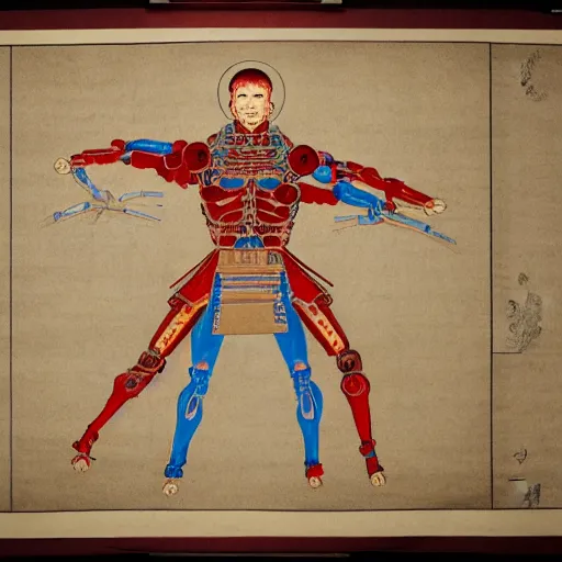 Image similar to a brilliantly colored Japanese scroll of an exploded diagram of a detailed engineering schematic of a cyborg samurai made by an AI in the pose vitruvian man in the style of jean giraud , post-processing , award winning, photo realistic, aged blood stains