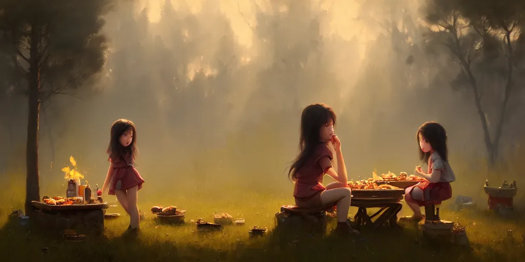 Image similar to big - eyed brunette sweet little girl looking sad in front of barbecue near tent at camp, extremely detailed digital painting, in the style of fenghua zhong and ruan jia and jeremy lipking and peter mohrbacher, mystical colors, rim light, beautiful lighting, 8 k, stunning scene, raytracing, octane, trending on artstation