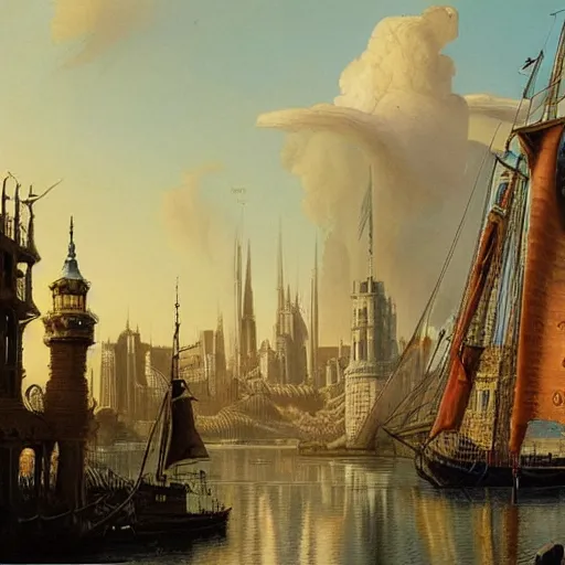 Image similar to by john howe in the usa, chiaroscuro bold. a print of a tall ship sailing through a cityscape. the ship is adorned with intricate details, while the cityscape is filled with towering palaces & other grand buildings.