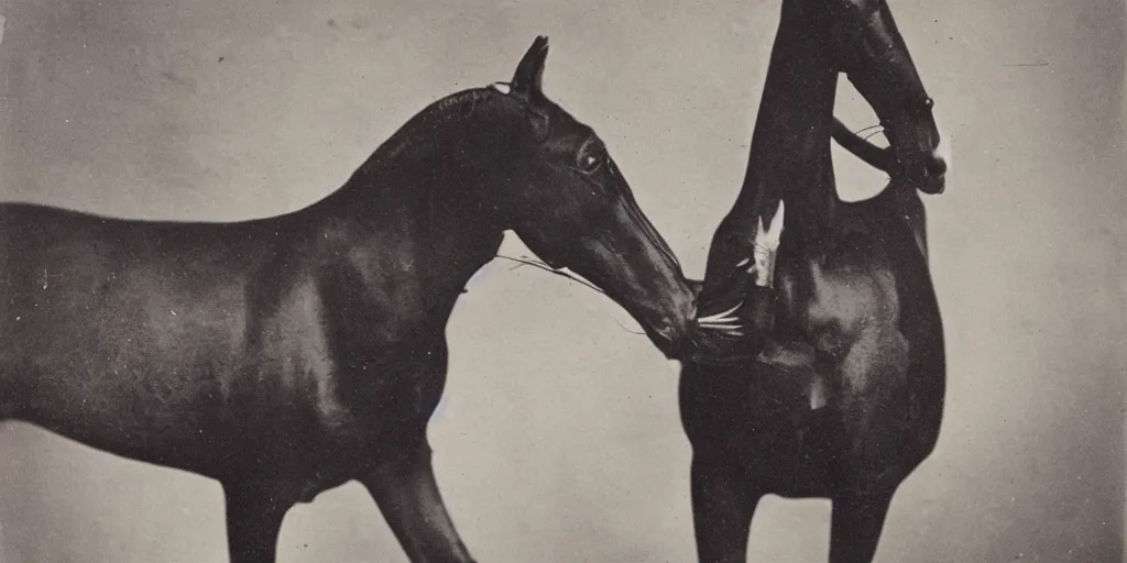 Prompt: cat head horse body, high heels, strange, black and white, photograph, 1850s