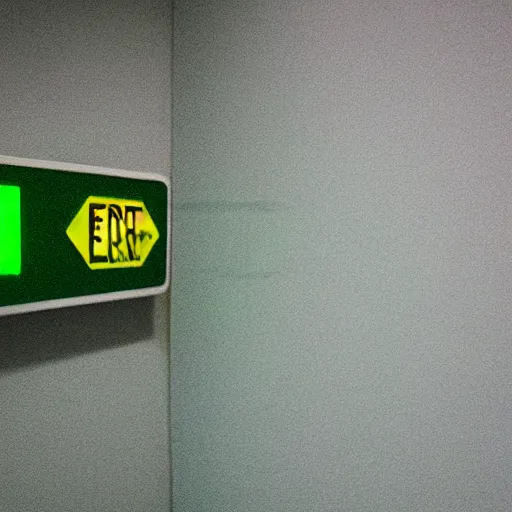 Prompt: a green glowing exit sign in a drab, desolate, musty, yellow carpeted, yellow walled office room from the mid nineties