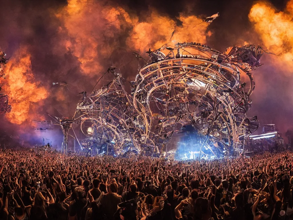Image similar to an incredible masterpiece of a cyborg dj is playing a vast array of highly evolved and complex musical technology on a stage surrounded by an incredible and complex circular robotic structure playing highly evolved music overlooking a crowd at a forest festival lit by fire, by craig mullins