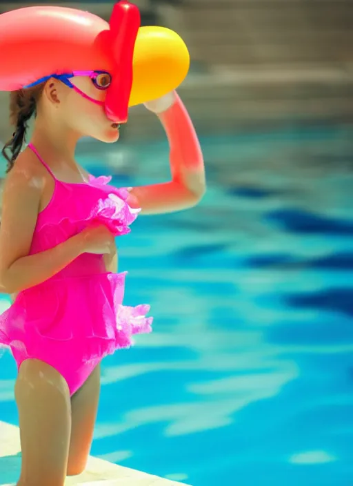 Image similar to color sketch of a young girl in a swimming pool, with an inflatable flamingo floating nearby, professional