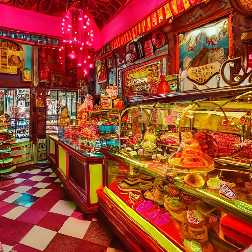 Prompt: Inside a magical old fashioned sweet shop, fantasy vendor interior, wide angle, cinematic shot, highly detailed, cinematic lightnig , photo-realistic, colorful