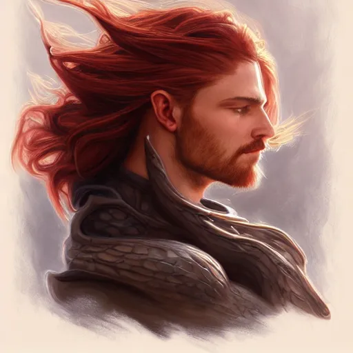 Image similar to portrait of a dragon with a humanoid face, male, handsome, masculine, full body, red hair, long hair, soft hair, fantasy, intricate, elegant, highly detailed, suit, coffee shop, digital painting, artstation, concept art, character art, smooth, sharp focus, illustration, art by artgerm and greg rutkowski and alphonse mucha