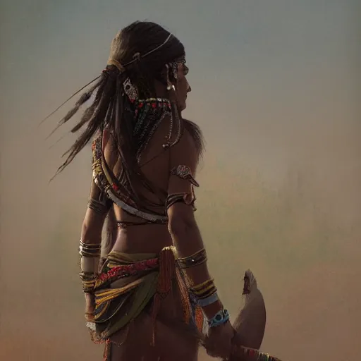 Image similar to back view of a beautiful indian tribal woman warrior, by dreadjim, Greg Rutkowski, james gurney, low angle view, masterpiece, cinematic