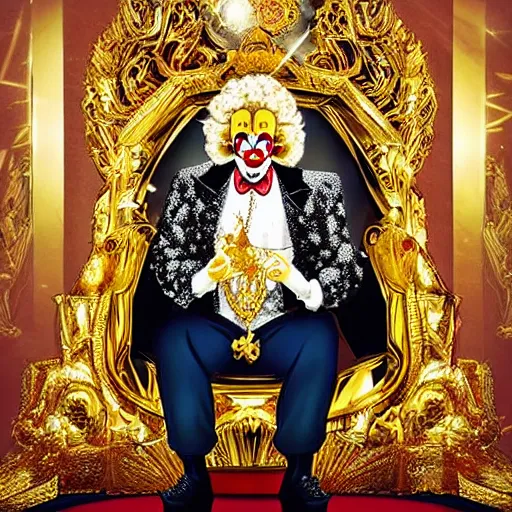 Image similar to anime of a shining majestic throne made of millions of diamonds, gold and zaphires with thousands of light reflections, and a clown on a tuxedo suit is sitting on the throne while handing a golden balloon, dramatic light