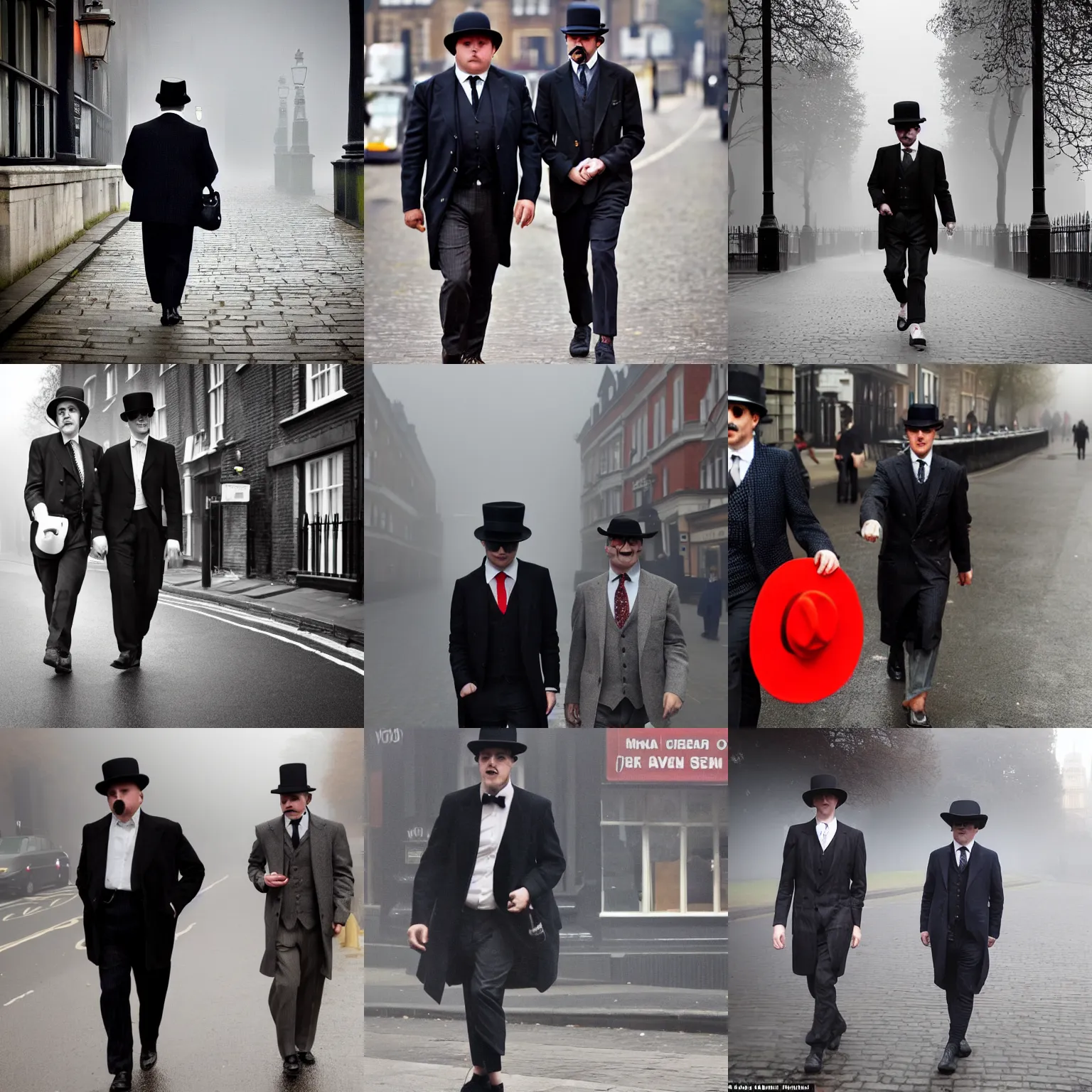 Prompt: a mole in a suit and a bowler hat walking the streets of foggy london