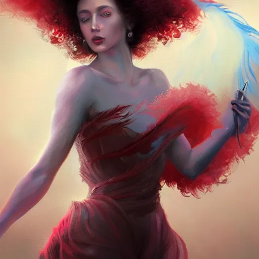 Image similar to a painting of a woman who made of curly and transparent feathers cloud with red edges is holding a sword, a digital painting by charlie bowater, made of curly and transparent feathers and cloud, metaphysical painting, speedpainting, digital painting, holographic undertones, highly saturated colors, 4 k, digital art, concept art, trending on artstation
