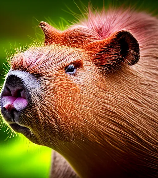 Image similar to award winning 5 5 mm close up portrait color photo of a capybara with pink slime oozing out of its nose, in a park by luis royo. soft light. sony a 7 r iv