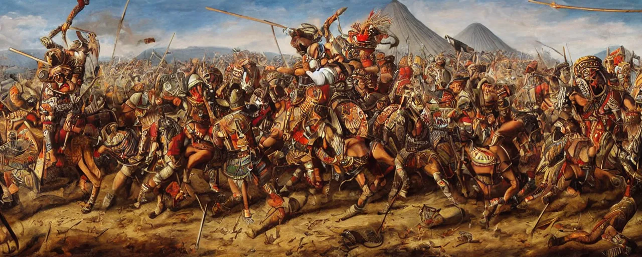Image similar to spaniards conquerors fighting aztec jaguar warriors between the mexican pyramids, daniel lezama painting style, hyperrealistic, highly detailed