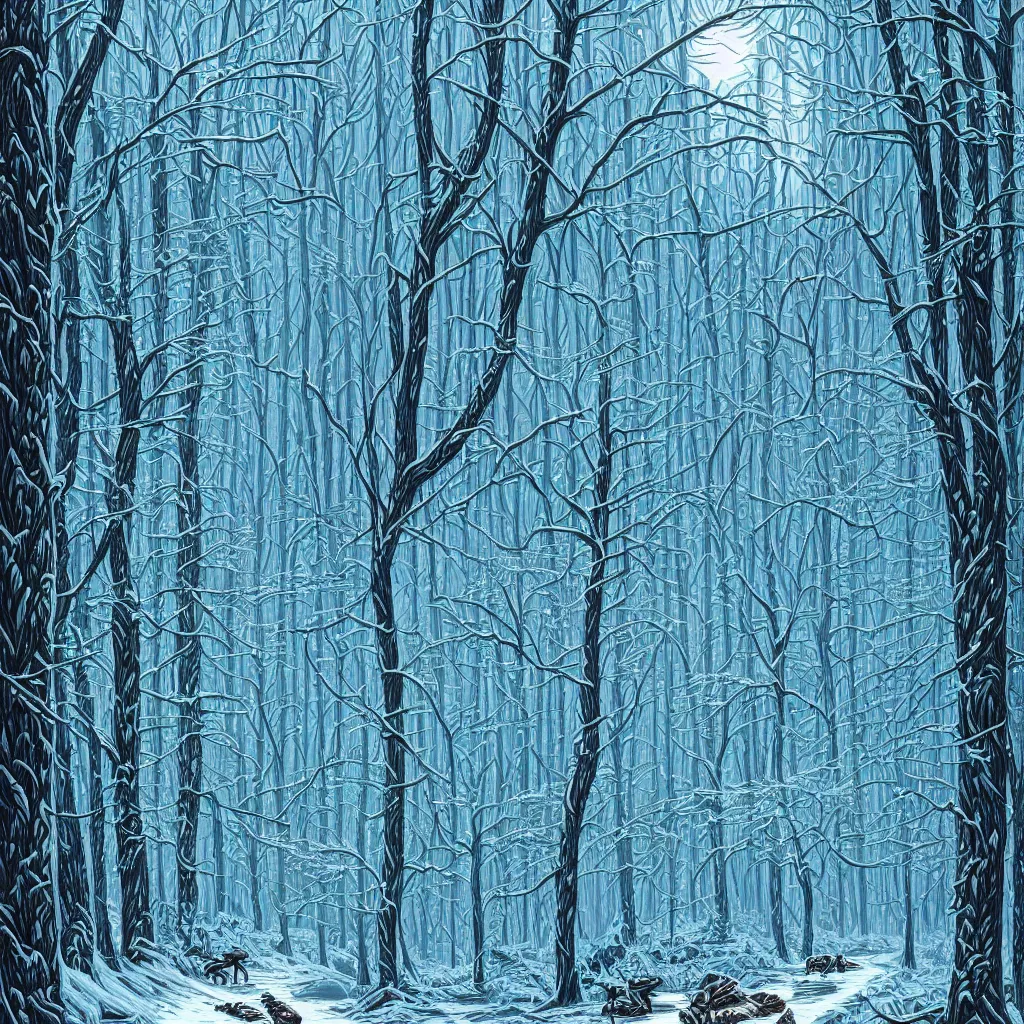 Prompt: An icy forest by Dan Mumford