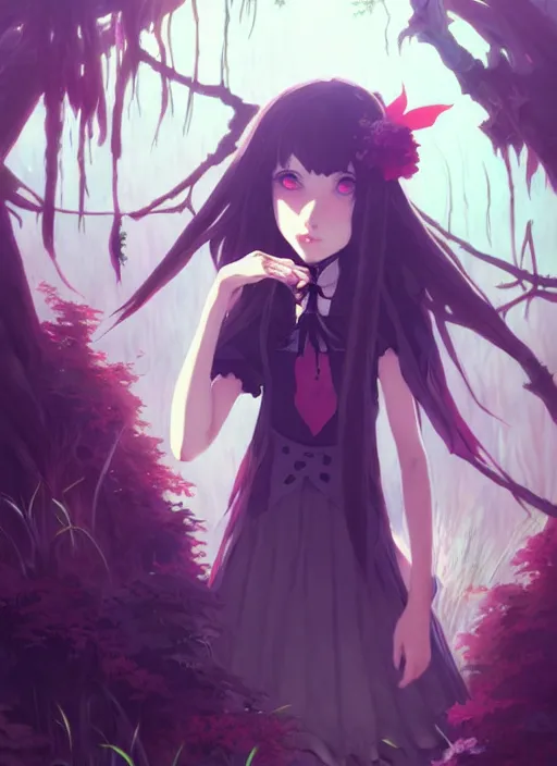 Image similar to portrait of gothic alice from wonderland, cloudy sky background lush landscape illustration concept art anime key visual trending pixiv fanbox by wlop and greg rutkowski and makoto shinkai and studio ghibli