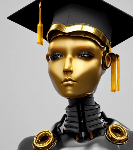 Prompt: a portrait of a extremely intricately detailed beautiful robot wearing on its head a highly detailed perfect render black graduation hat, realism. concept art. unreal engine 5, f / 1. 8, v - ray, ultra hd, 8 k, graduation photo, atmospheric beautiful background and beautiful lighting. hyper realism.