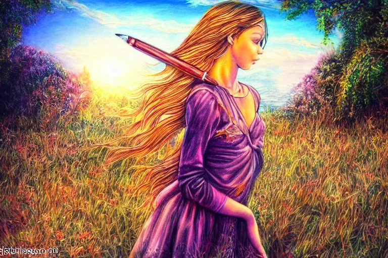 Image similar to girl, fantasy, pen painting, ultra realistic!!!, hdr, clear weather, golden hour, sharp focus