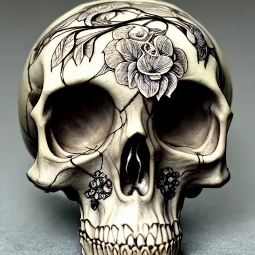 Image similar to memento mori by arthur rackham, detailed, art nouveau, gothic, intricately carved antique bone, skulls, botanicals