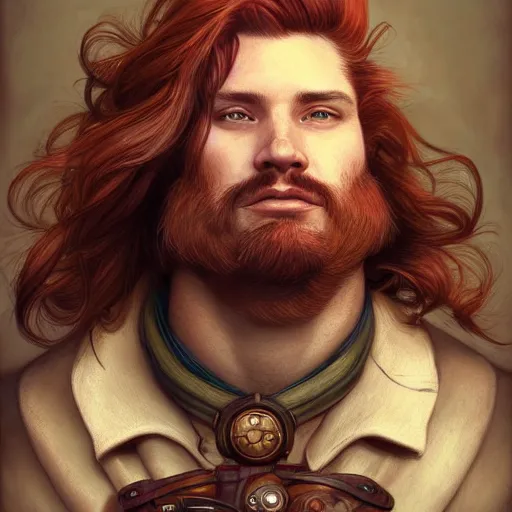 Image similar to portrait of a man - bear - pig, male, handsome, masculine, full body, red hair, long hair, soft hair, fantasy, intricate, elegant, highly detailed, steampunk, airship, digital painting, artstation, concept art, character art, smooth, sharp focus, illustration, art by artgerm and greg rutkowski and alphonse mucha