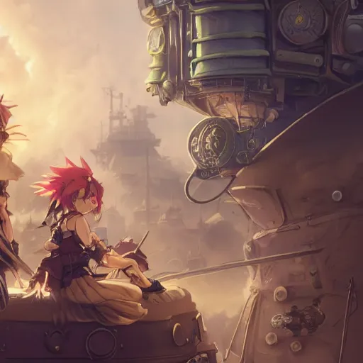 Image similar to steam punk, chrono trigger, detailed anime characters, highly rendered faces, vivid light, greg rutkowski, uhd, uhd uhd uhd, 8 k, shallow depth of field, intricate detail, concept art!