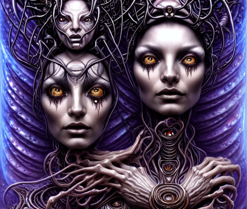 Image similar to A beautiful detailed alien goddess woman with 6 arms super dark tarot card, gorgeous model face by Stanley Artgerm, by tomasz alen kopera and Justin Gerard, 4 eyes, beautiful symmetrical features, ominous, magical realism, melting, texture, intricate, ornate, royally decorated, melting, whirling smoke, embers, purple adornments, blue torn fabric, radiant colors, fantasy, trending on artstation, volumetric lighting, micro details, 3d sculpture, ray tracing, 8k, anaglyph effect