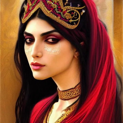 Image similar to Beautiful portrait of a Persian Princess who is an architect, beautiful princess, face painting, beautiful body, attractive, babe, dramatic lighting, intricate, wild, highly detailed, digital painting, artstation, concept art, smooth, sharp focus, illustration, black+velvet+red+Turquoise, dark, art by artgerm and greg rutkowski and alphonse mucha, footage from space camera