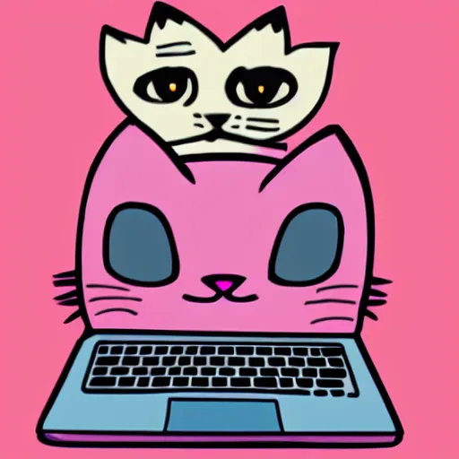 Image similar to a pink cat using a laptop full of twitter stickers