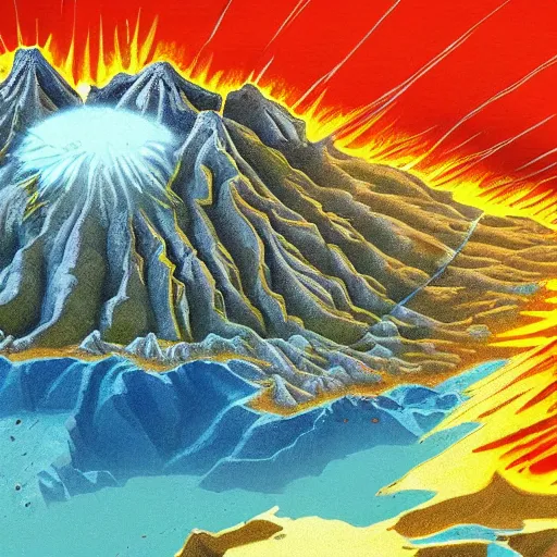 Image similar to volcano, concept art, illustrated, highly detailed, high quality, bright colors, optimistic,