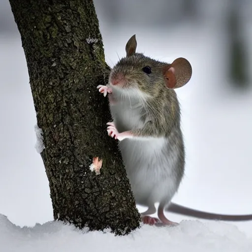 Image similar to 2 mice dancing in the snow, white and grey, green trees, award winning macro shot, in focus, national geographic