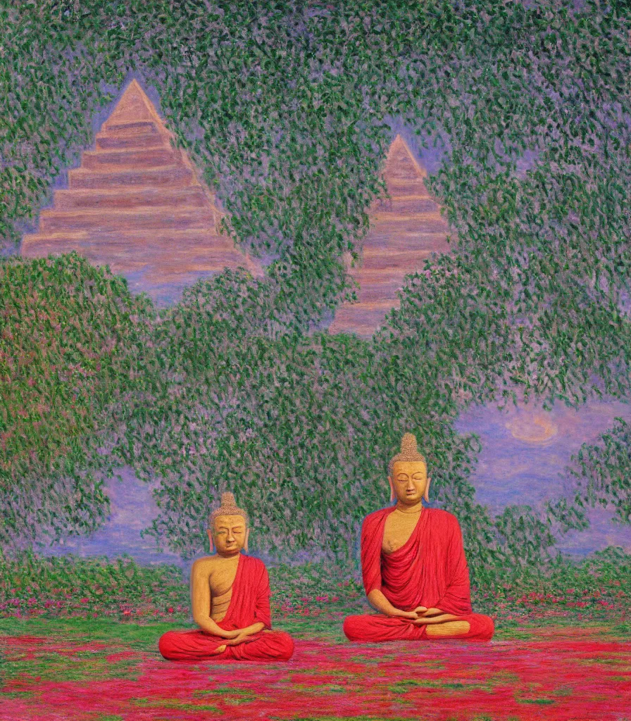 Prompt: an amazing pictures of a buddha meditating in front of a large mythical pyramid painted by claude monet, high detail, 4 k resolution, strong and vibrant colors, impato oil painting, consciousness