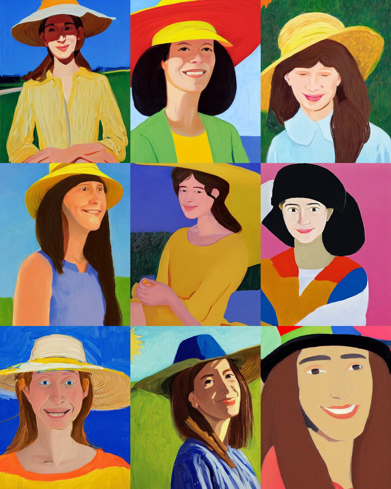 Prompt: portrait of a smiling young woman with sun hat, long hair, light background, colorful, peaceful, by alex katz, close up