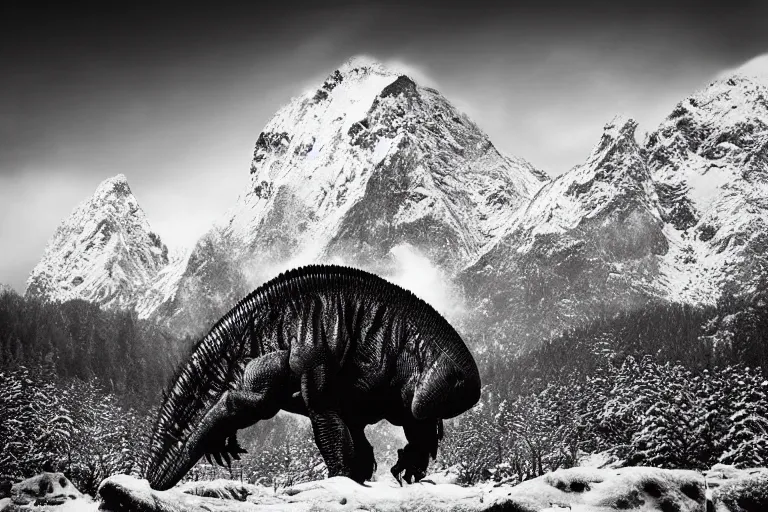 Prompt: tyrannosaurus rex large theropod dinosaur inside a valley, huge snowy peaks, in the style of ansel adams, black and white, old, master photography