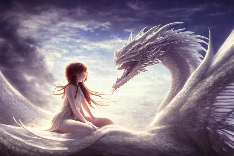 Image similar to the beautiful hyper detailed big scene render that a beautiful girl sitting on the back of a huge silver white dragon alone in fairyland surrounded by white clouds, finely detailed angelic face delicate features, style of studio ghibli, makoto shinkai, artgerm, karol bak, kazuki tanahashi, james jean, ross tran, xision, ultra wide angle