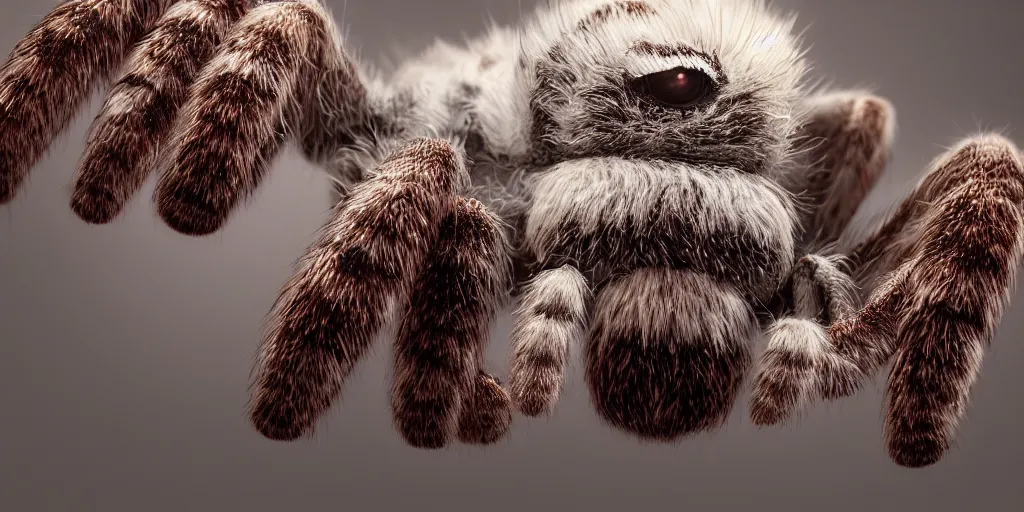 Prompt: white tarantula spider with red eyes, white background, fur, very realistic, highly detailed, hyperrealism, photo, by greg rutkowski, cinematic, dynamic lighting, octane render