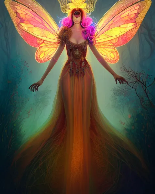 Image similar to portrait, stunningly beautiful female faerie priestess in amanita muscaria forest landscape, symmetrical wings on back, neon hair, wearing a dress of gossamer gold, inner glow, illustration, dramatic lighting, soft details, painting, art nouveau, octane render, 8 k, hd, by brom, faces by otto schmidt