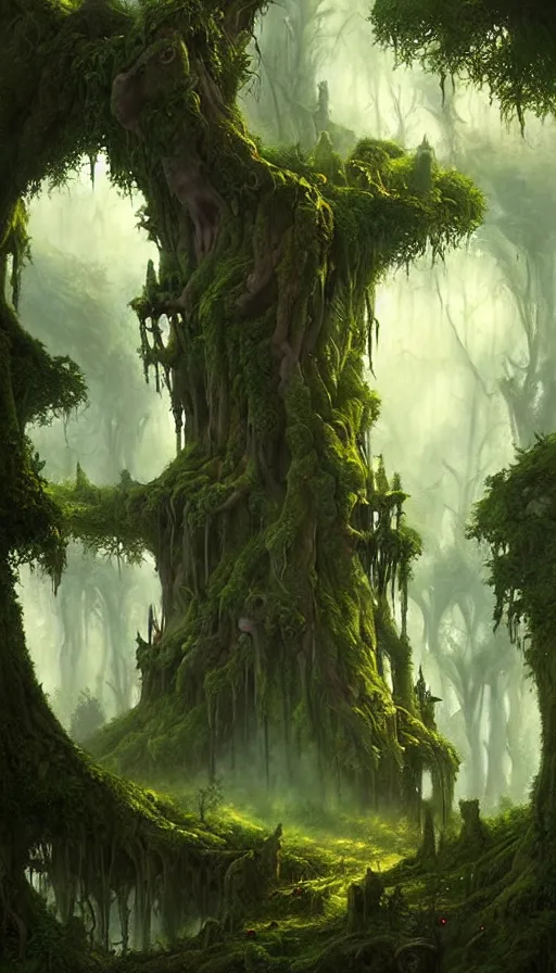 Image similar to fairy palace, castle towers, gnarly trees, lush vegetation, forest landscape, painted by tom bagshaw, raphael lacoste, eddie mendoza, alex ross concept art matte painting