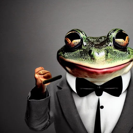 Image similar to a frog 🐸 wearing a suit smoking a cigar