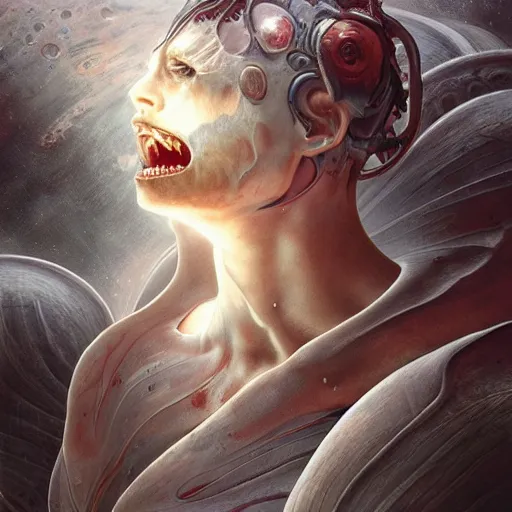 Image similar to whirling portrait of a twisting bloodied filigreed genderless insect alien monster, muscles, rippling, space warping, ultra realistic, concept art, intricate details, eerie, highly detailed, photorealistic, octane render, 8 k, unreal engine. art by artgerm and greg rutkowski and alphonse mucha