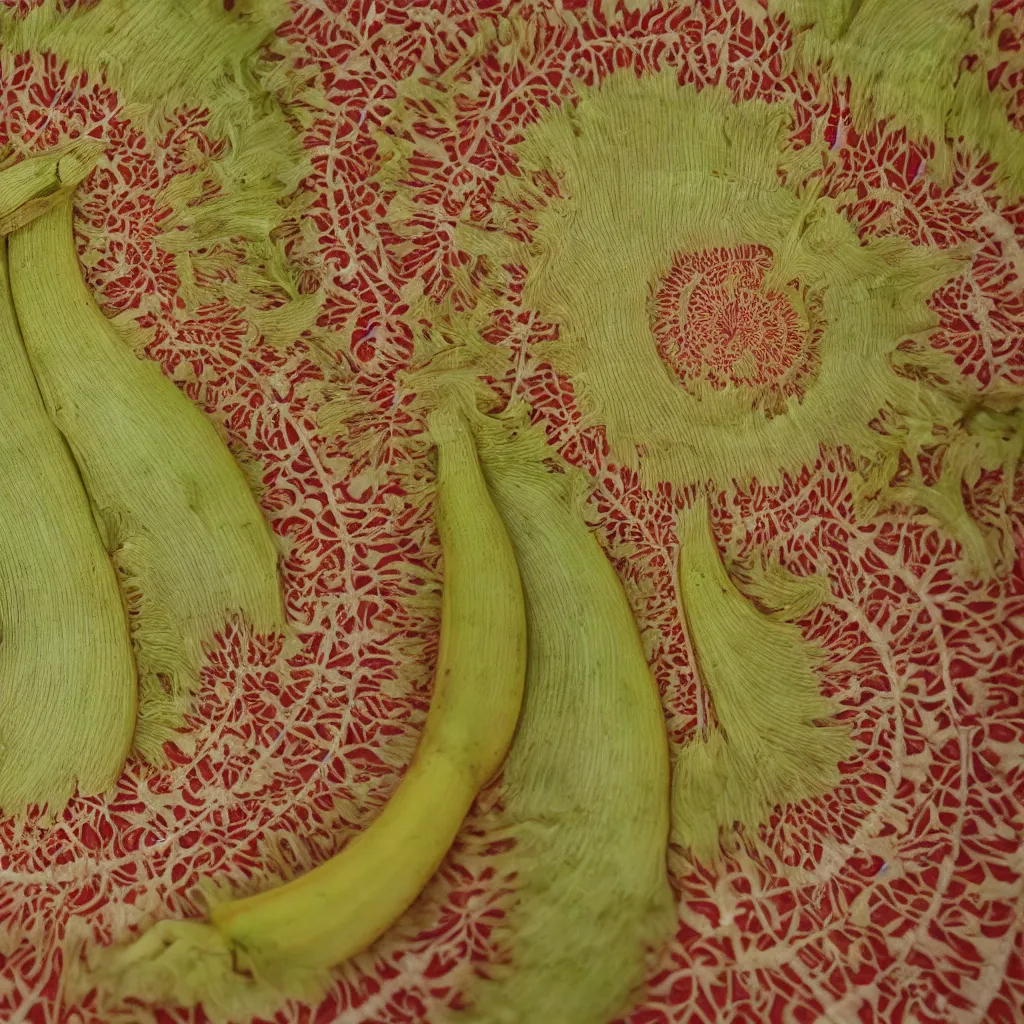 Prompt: circular fractal bananas that grow like coral, inside art nouveau embroidered plate with petal shape, big leaves and stems, roots. closeup, hyper real, food photography, high quality