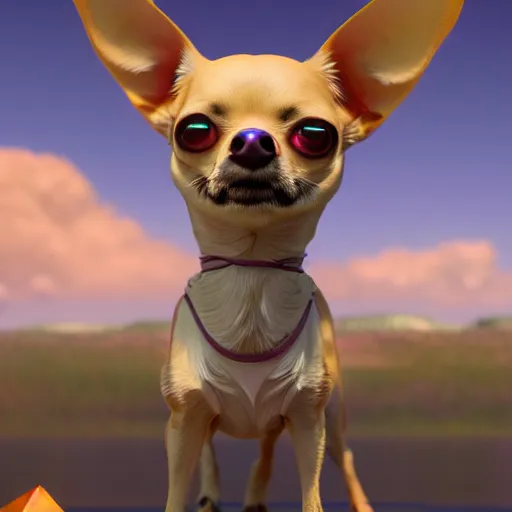 Image similar to antropomorphic!!!!!!!!!!!! chihuahua man living in an extradimensional reality where it is a god, in the style of wlop, illustration, epic, fantasy, hyper detailed, smooth, unreal engine, sharp focus, ray tracing, physically based rendering, renderman, beautiful