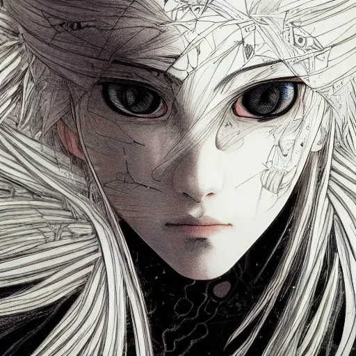 Image similar to Yoshitaka Amano realistic illustration of an anime girl with black eyes, wavy white hair fluttering in the wind and cracks on her face wearing Elden ring armour with engraving, abstract black and white patterns on the background, noisy film grain effect, highly detailed, Renaissance oil painting, weird portrait angle, blurred lost edges, three quarter view