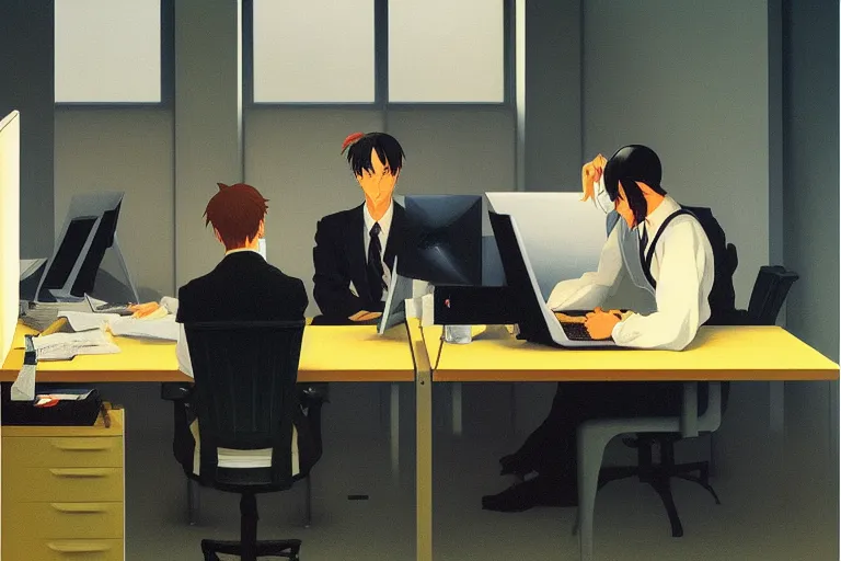 Image similar to anime key visual of three workers sitting in an office cubicle on the computer, style of jamie wyeth james gilleard edward hopper greg rutkowski acrylic painting, preserved museum piece, historical