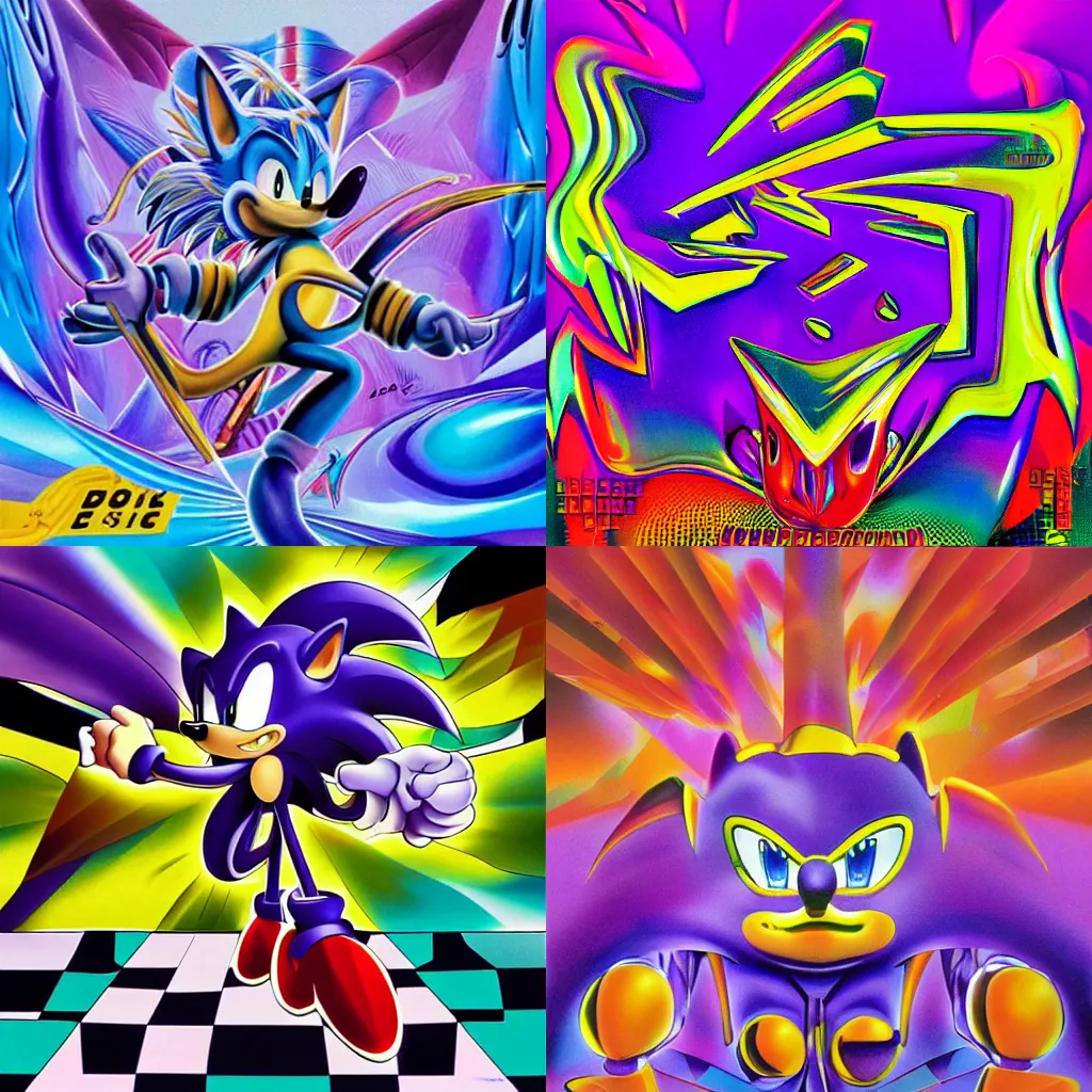 Prompt: surreal, sharp, detailed professional, high quality airbrush art MGMT album cover of a liquid dissolving DMT sonic the hedgehog, purple checkerboard background, 1990s 1992 Sega Genesis video game box art