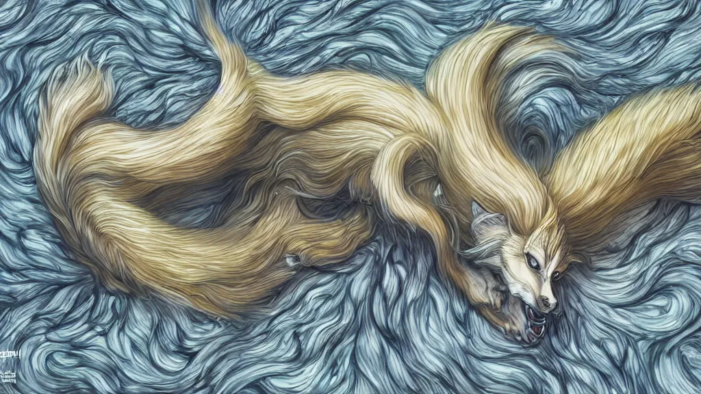 Prompt: a ninetails created by uzumaki junji ito and photographed by andrew thomas artgerm, digital art, redshift render, hyperrealistic, ray - tracing