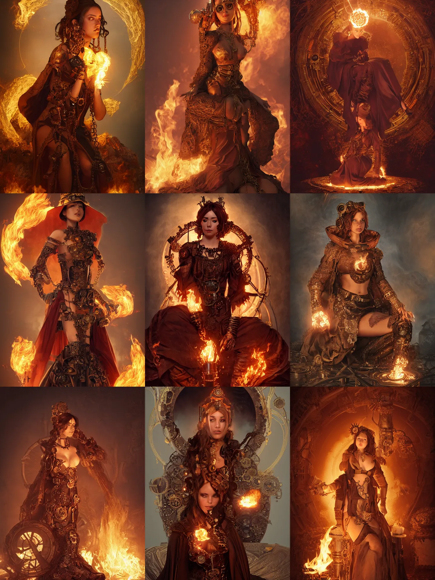 Prompt: steampunk pyromancer woman, ornamental halo, brown body, intricate robes, sitting on obsidian throne, fractal fire background, sharp focus, highly detailed, cinematic lighting, studio quality, chiaroscuro, smooth render, unreal engine 5 rendered, octane, rendered, by artgerm, greg rutkowski, alphonse mucha