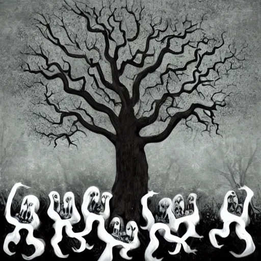 Prompt: a crowd of ghostly ghouls under a spooky tree baroque style