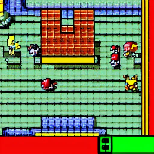 Image similar to a gameboy screenshot of a pokemon fight between onyx and pikachu, both holding firearms