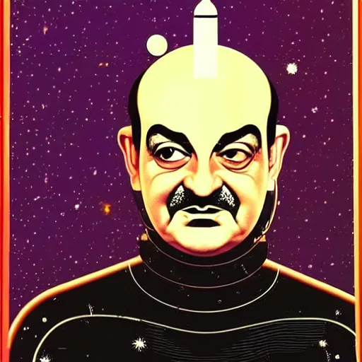 Image similar to legendary space warrior salman rushdie from the year 3 0 0 0, portrait by coles phillips